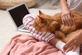 Woman with cute red cat and laptop on carpet at home Royalty Free Stock Photo