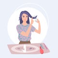 Woman cuts her hair, cuts off her bangs, change her hairstyle, at home, personal care, hair scissors. Vector drawing