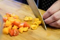 A woman cuts small colorful plum tomatoes on a cutting board. Cooking.