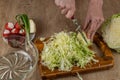 A woman cuts vegetables on a wooden cutting board for making vegetable salad from fresh raw vegetables cabbage, radish, green Royalty Free Stock Photo