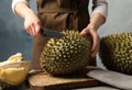 Woman cutting durian at table against blue background, closeup