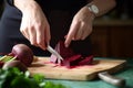 Woman cutting fresh red beet. Generate Ai