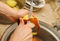 Woman cutting to peel potatoes. Prepare food