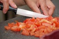 A woman cutting tomato with the knife, on a plate Royalty Free Stock Photo