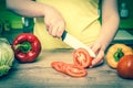 Woman cutting tomato for salad - retro style Royalty Free Stock Photo