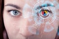 woman with cyber technology eye panel concept