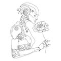 Woman cyborg or robot with AI holding a live flower. AI technology concept. Future technology vector illustration Royalty Free Stock Photo