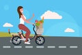 Woman cycling bicycle carrying paper bag with food grocery shopping concept girl riding bike female cartoon character Royalty Free Stock Photo