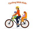 Woman cycling with her children, boy and girl.