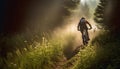 forest woman nature summer dark cycling walking sport bicycle sunset bike. Generative AI.