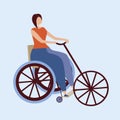 Woman cyclist isolated, cycling sport concept, eco transport, flat vector stock illustration with disabled cyclist in wheelchair