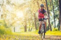 Woman cyclist rides in the forest on a mountain bike. Royalty Free Stock Photo