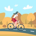 Woman cyclotourisme autumn landscape background female sport activity cartoon character full length flat Royalty Free Stock Photo