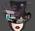 Woman with Cylinder with City Collage. Urban Night Background