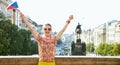 Woman with Czech flag rejoicing near National Museum in Prague Royalty Free Stock Photo