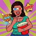 Woman in 3D glasses watching a movie, smiling and eating popcorn Royalty Free Stock Photo