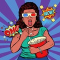 Woman in 3d glasses watching a scary movie and eating popcorn Royalty Free Stock Photo