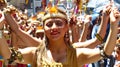 Woman dancer dressesd as Inca at parade in Cuenca, Ecuador