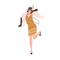 Woman dancer of 1920s Broadway party. Funny 20s girl dancing charleston in retro fashion dress, necklace, hat. Lady Royalty Free Stock Photo