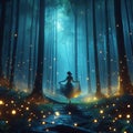 A woman dancing with fireflies in a forest at night, photoreal