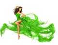 Woman Dancing Green Dress, Dancer Fashion Model Flying Fabric Royalty Free Stock Photo