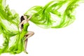 Woman dancing in green dress, fluttering waving fa Royalty Free Stock Photo