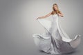 Woman Dancing Long White Silk Dress, Fashion Model Waving Fluttering Gown, Beauty Portrait