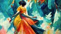 woman dancing in a orange and blue dress, abstract illustration, ai generated image