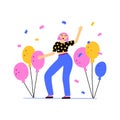 Woman dancing on party. Happy girl with colorful balloons, fun festival people on birthday, music festival, colored person on