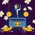 Woman dancing on tape recorder, ballerina cartoon character, people vector illustration Royalty Free Stock Photo