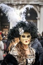 A woman in a dark medieval costume, a female carnival mask and a large chic hat with feathers at the carnival in Venice, Italy
