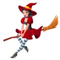 Woman in dark red Halloween costume of witch flying on broom. Cartoon style vector illustration on white