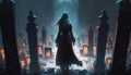 A woman in a dark robe walking among the gravestones of a forgotten cemetery. Fantasy art. AI generation