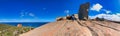 Woman and daughter visit Remarkable Rocks in Kangaroo Island, panoramic view