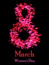 Woman day greeting card. Digit Eight made of many hearts. Greeting card for the 8 of March.