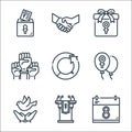 woman day line icons. linear set. quality vector line set such as calendar, politics, freedom, balloon, feminism, teamwork, gift Royalty Free Stock Photo