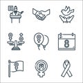 woman day line icons. linear set. quality vector line set such as ribbon, feminism, womens day, calendar, balloon, sexuality,
