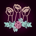 Woman day neon label with hands fist and roses