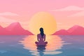 person woman back sea exercise lotus yoga ocean meditation vacation relaxation. Generative AI. Royalty Free Stock Photo