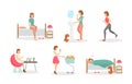 Woman day routine flat vector illustrations set. Morning procedures, daily activity and evening. Hygiene and sports Royalty Free Stock Photo