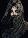 A woman dd in a swirling cloak of lace and velvet her face a mask of agonized sorrow. Gothic art. AI generation Royalty Free Stock Photo