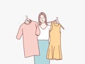 Woman decide choosing her fashion outfit after the shopping simple korean style illustration