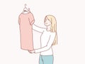 Woman decide choosing her fashion outfit simple korean style illustration