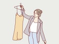 Woman decide pick her fashion outfit after the shopping simple korean style illustration