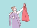 Woman decide picking her fashion outfit after the shopping simple korean style illustration
