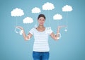 Woman deciding or choosing tehcnology laptops phones tablets hanging from clouds with open palms han