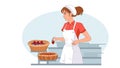 Woman decorates baked homemade fruit pies with strawberries. Girl confectioner cook for cooking healthy dessert. Vector