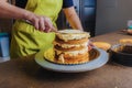 Woman decorating a delicious cake with icing cream. DIY, sequence, step by step, part of series. Royalty Free Stock Photo