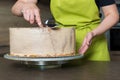 Woman decorating a delicious layered sponge cake with chocolate icing cream Royalty Free Stock Photo