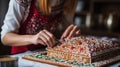 A woman is decorating a gingerbread house, AI Royalty Free Stock Photo